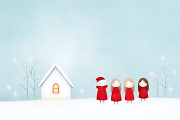 White winter house with lit window, cartoon family in red clothing, snowy field, serene Christmas setting, festive atmosphere, soft blue tones, minimalistic seasonal illustration, copy space for text
