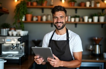 Cheerful barista uses tablet in cozy coffee shop. Man is smiling. He wears apron. Coffee shop interior is rustic and trendy. He is working at a counter. Image shows employee working in cafe.
