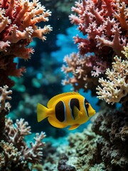 Colorful fish swimming through coral.