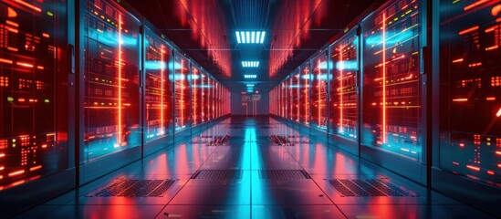Futuristic digital datacenter technology corridor with glowing neon lights symmetrical architectural patterns and an industrial high tech atmosphere