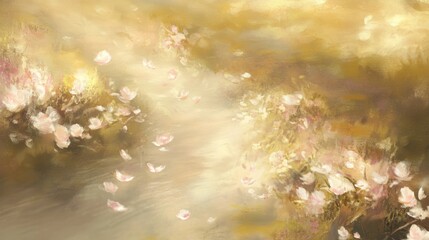 Fototapeta premium An ethereal, dreamlike scene of a river made entirely of delicate drifting petals, flowing through soft pastel tones of pink, white, and yellow. The petals seem to glow faintly as they float on a calm