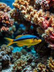 Colorful fish swimming through coral.