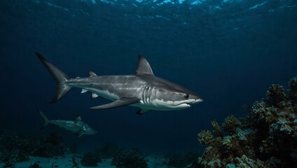 Obraz premium Closeup of a thresher shark swimming in the deep blue waters of the Visayan Sea, Philippines.