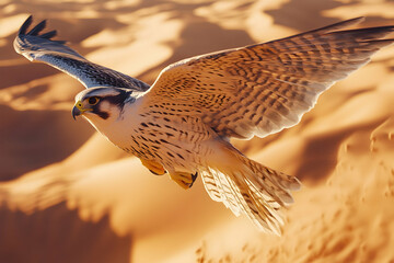 Stunning close-up of a falcon in full flight over the Arabian desert with wings gracefully spread, soaring above golden sand dunes. Wildlife and freedom concept