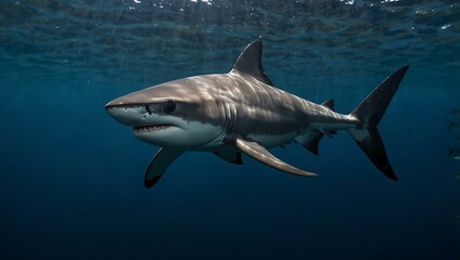 Fototapeta premium Closeup of a thresher shark swimming in the deep blue waters of the Visayan Sea, Philippines.