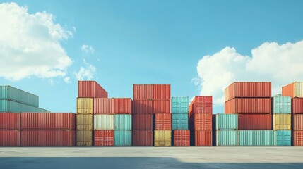 Fototapeta premium Stacks of colorful cargo containers in a bustling international shipping port.