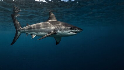 Fototapeta premium Closeup of a thresher shark swimming in the deep blue waters of the Visayan Sea, Philippines.