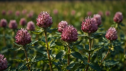 Close-up of red clover flowers in a field.
