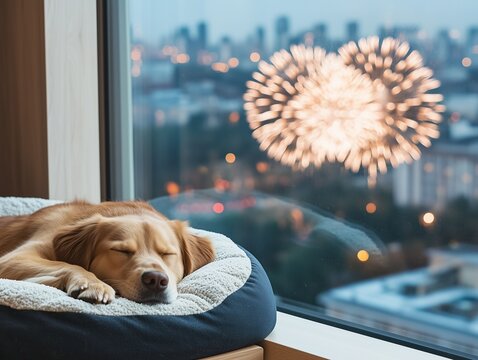 photography of a brown dog sleeping calmly in its dogbed even though there are fireworks outside - Powered by Adobe