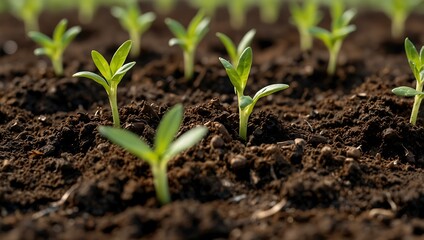 Close-up of seedlings sprouting from rich soil.