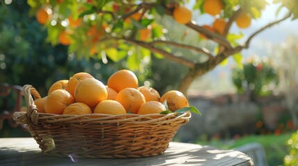 photograph of fruits basket full of oranges on table with natural background wide angle lens