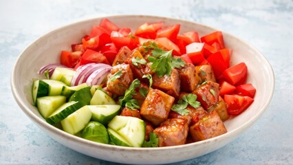 A dish filled with grilled pork slices in sweet and sour sauce, complemented with tomatoes, cucumber slices and finely chopped red onion, delicately sprinkled with spicy paprika, green apple slices.