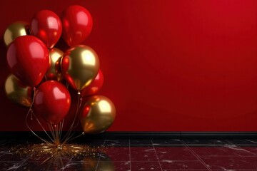 Elegant red and gold balloons against a red wall with copy space for celebration and party designs