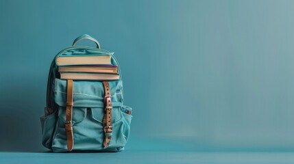photograph of Full school backpack with books isolated on blue background with copy space, Perfect