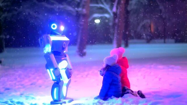 Niños jugando con robot en un bosque nevado.
