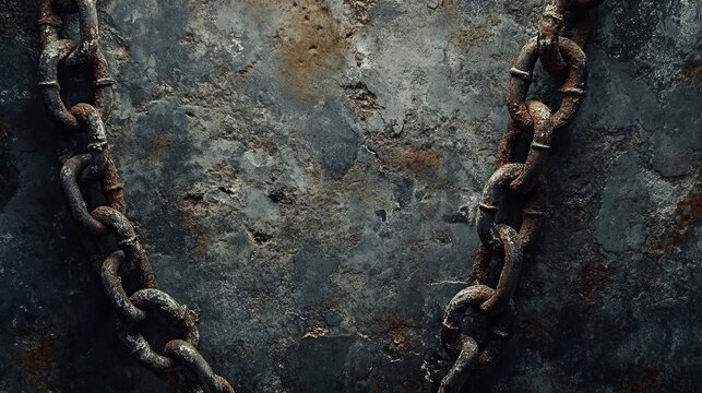 A close-up of a corroded metal chain lying on a cracked concrete surface.


