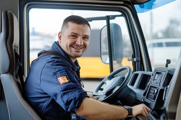 Naklejka premium Happy man sits in truck cabin. Pro driver looks at camera. Entering truck. Modern transportation. Industry work. Job, lifestyle. Image shows happy truck driver. Man entering truck cabin. Caucasian