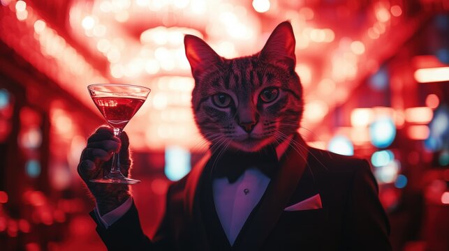 Cat wearing tuxedo holding martini glass in red lit bar