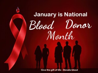 National blood donor month celebration with red ribbon and silhouettes on red background