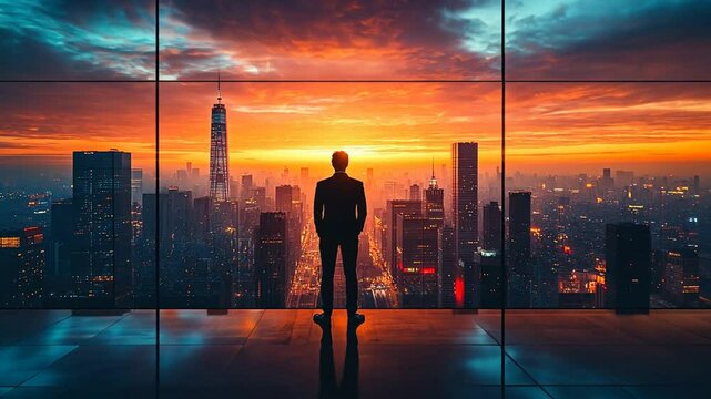 Silhouette of a Man Watching a City Sunset