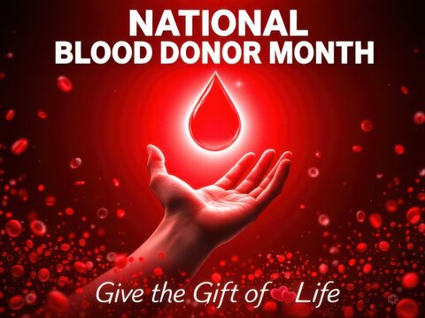 National blood donor month celebration with blood drop and open hand - Powered by Adobe