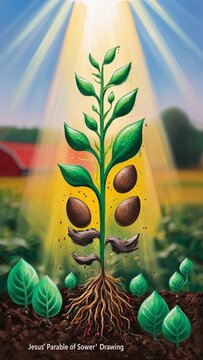 Jesus' parable of sower drawing Growing plant illuminated by sunlight in parable depiction.