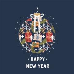 new year christmas card. Vector template with cute elements for design