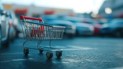 A lone shopping cart sits abandoned in a supermarket parking lot.

