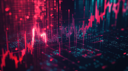 A chart of stock market crypto candlesticks on a dark blue background. A chart with purple blue neon candlesticks. Analysis of investment trading in the field of cryptocurrencies