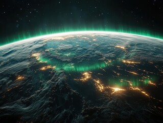 Planet earth rotating in space showing city lights and aurora borealis