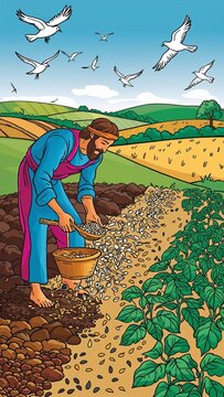 Jesus' parable of sower drawing Illustrated sower scattering seeds in vibrant fields.