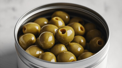 Close-up of Green Olives in an Open Tin Can  
