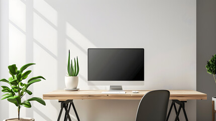 Modern and Minimalist Computer Desk Setup with Light Wood Desk and Potted Plant in Bright Workspace