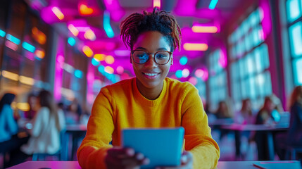 A young woman smiles while using a tablet in a lively cafe with colorful lighting and a vibrant ambiance, surrounded by other patrons enjoying their time