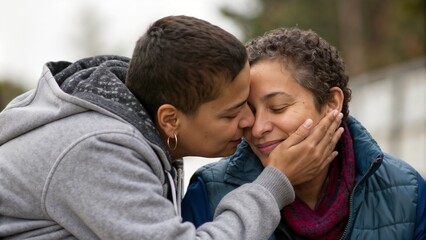 Fototapeta premium Loving couple sharing a tender kiss outdoors in a romantic moment with a soft background