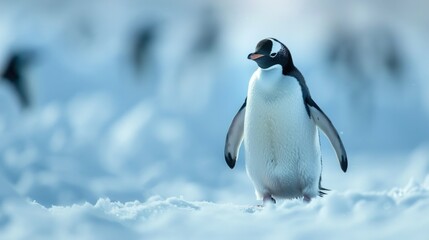 Fototapeta premium photograph of Gentle penguin stands on snow with a soft blue background Generative AI image wide angle lens