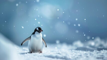 photograph of Gentle penguin stands on snow with a soft blue background Generative AI image wide angle lens