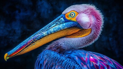 A vibrant close-up of a pink-backed pelican against a dark backdrop showcases the bird's striking features. Part of a breeding program