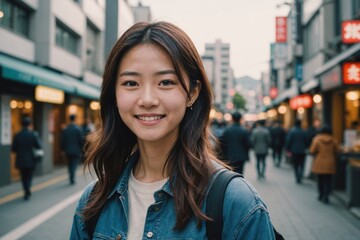 Close portrait of a smiling young Japanese woman looking at the camera, Japanese city outdoors  blurred background