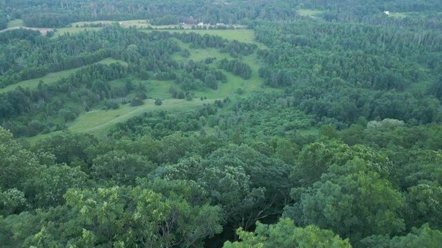 Expansive aerial view of lush green landscape with rolling hills, drone 4K