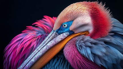 A vibrant close-up of a pink-backed pelican against a dark backdrop showcases the bird's striking features. Part of a breeding program