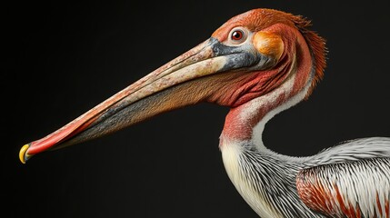 A vibrant close-up of a pink-backed pelican against a dark backdrop showcases the bird's striking features. Part of a breeding program