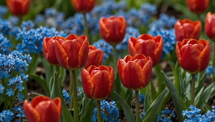 Fototapeta premium Close-up of vibrant red tulips surrounded by blue forget-me-nots.