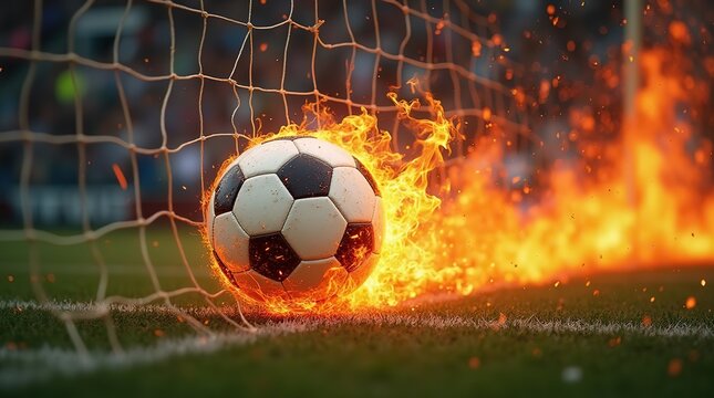 A flaming soccer ball hitting the back of the net, symbolizing power, speed, and the intensity of a game-winning goal