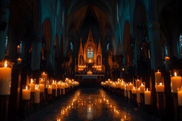 All Saints Day Rows of glowing candles in a dimly lit church, warm and solemn setting, All Saints Day remembrance