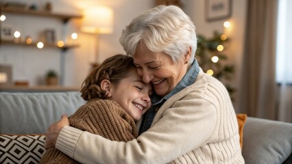 Grandmother hugging her happy granddaughter indoors in a cozy living room with a warm atmosphere