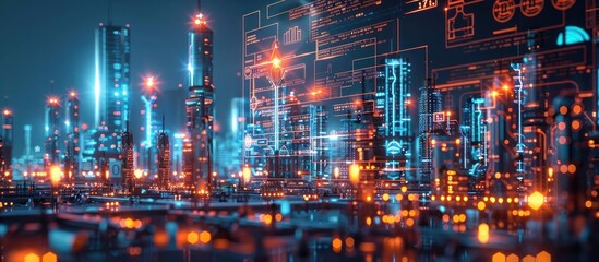Obraz premium Dramatic futuristic cityscape with tall illuminated skyscrapers and glowing neon lights at night Cyberpunk inspired urban landscape with modern architecture digital technology