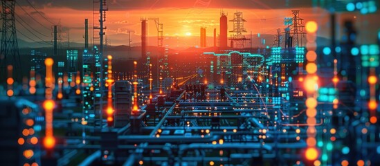 Futuristic cityscape with vibrant sunset skyline glowing lights skyscrapers and busy urban infrastructure  Modern metropolitan scene with technological and industrial elements