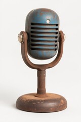 A vintage microphone with a weathered blue and rusted finish, perfect for capturing retro-themed...