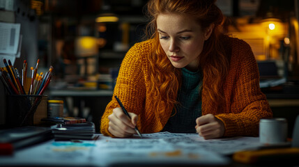 Fototapeta premium A young artist with long red hair is focused on drawing illustrations in a creative workspace illuminated by soft lights